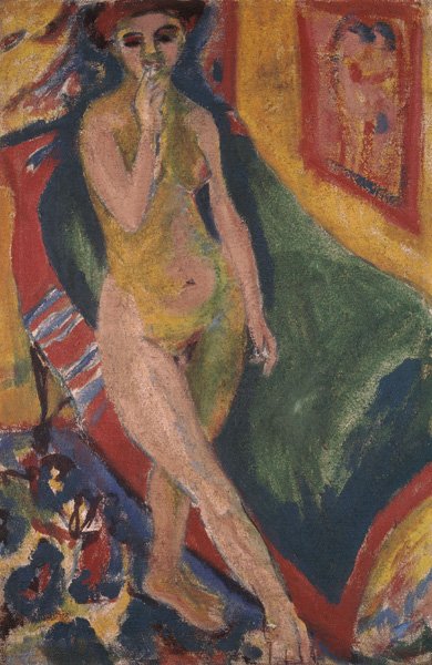 Naked Girl in Front of Green Sofa by Ernst Ludwig Kirchner